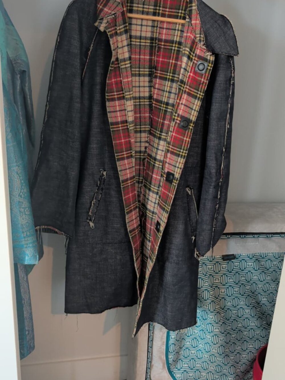 Jean Paul Gaultier JPG Jean's 90s Denim Coat Wool Tartan Lining IT 52 US L